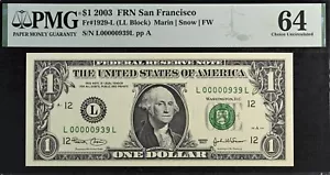 2003A $1 Federal Reserve Note PMG 64 wanted popular low serial number 939 - Picture 1 of 3