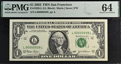 2003A $1 Federal Reserve Note PMG 64 wanted popular low serial number 939 - Image 1 of 3