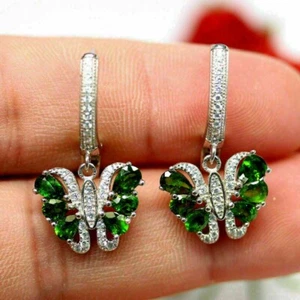 3Ct Pear Lab-created Green Emerald Diam Drop/Dangle Earrings 14K White Gold Over - Picture 1 of 5