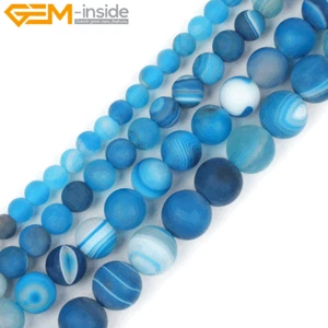 Natural Blue Banded Agate Stone Round Matte Spacer Beads For Making Jewelry 15" - Picture 1 of 29