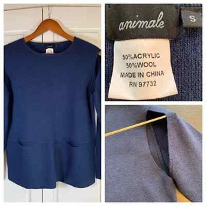 Maglione Animale donna piccolo misto lana tasche blu aperto davanti spalla maglia - Foto 1 di 10