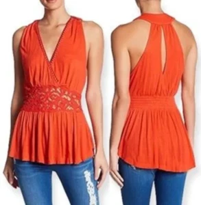 Top tunica Free People Megan Peplum pizzo all'uncinetto donna junior M arancione rosso nuovo senza etichette - Foto 1 di 4