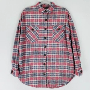Wild Fable Jacket Shirt Womens Medium Pink Blue Shacket Oversized Plaid Cotton - Picture 1 of 10