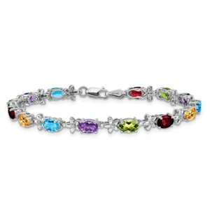 14K Solid White Gold Multi-color Flower Diamond Chain Tennis Charm Bracelet - Picture 1 of 12