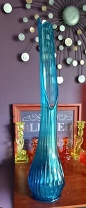 Vintage LE Smith Glass Vase Simplicity Swung Peacock Blue Column 28" Tall - Picture 1 of 10