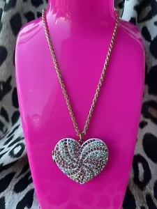 Betsey Johnson SPARKLY Pink Peppermint Swirl Crystal AB Heart Locket Necklace - Picture 1 of 8