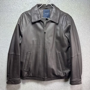 Nautica Brown Leather Bomber Jacket Mens Medium Quilted Lining Zip Pockets - Picture 1 of 11