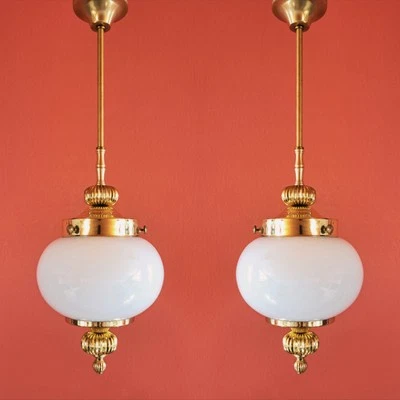 Elegant Mid Century Viennese Opaline Milk Glass Globe Pendant Light Brass Light - Image 1 of 4