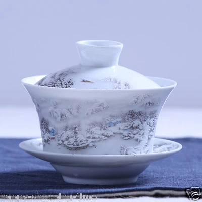 Taza de té china Gaiwan de 4,13" tapa de puré vista nieve relieve porcelana tazón de té taza Foto 1 de 3