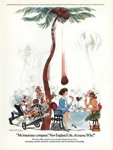 New England Life 1975: coco, palmera, camarero anuncio impreso vintage - Imagen 1 de 1