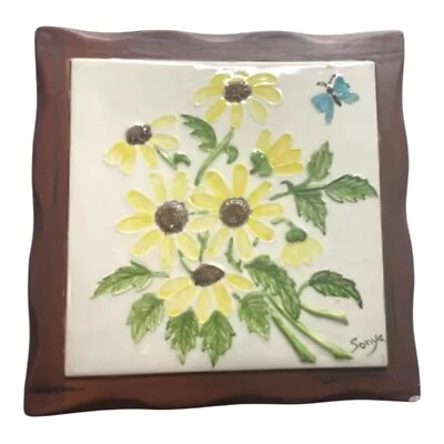 Vintage Ceramic Trivet Yellow Daisies 1982 Butterfly Whimsical 7 Inch Handmade - Image 1 of 4