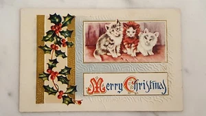 Antique Merry Christmas Postcard Embossed with Kittens - Picture 1 of 4
