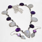Rainbow Moonstone Natural Amethyst Handmade Necklace Earrings Set 21|1.8" JW