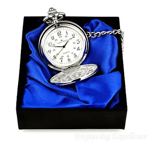 Personalised Engraved Silver Pocket Watch/Chain Satin Gift Box Set Wedding Gift - Picture 1 of 5