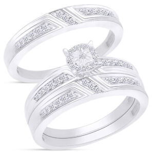 0.15 Ct Diamond Bride Groom Engagement Trio Bridal Ring 14K White Gold Plated