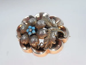 Schöne Biedermeier Brosche Schaumgold mit Türkisen floral verziert um 1860 - Bild 1 von 8