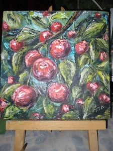 Original Art oil painting-The sweetness of summer, a ripe cherry on a branch - Picture 1 of 10