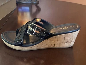 Cole Haan Corby Thong II Black Patent Leather Sandal Wedge 6.5 Worn Once - Picture 1 of 10