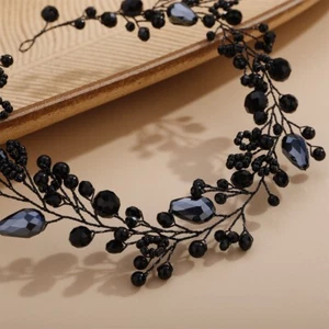 Bridal Hair Vine Black Crystal Wedding Leaf Hair Piece Wreath Accessory Handmade - Picture 1 of 4