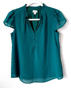 Blusa J Crew Para Mujer Talla XS Cuello Volantes Top Clip Punto Verde Esmeralda Cuello en V Gorra - Imagen 1 de 6