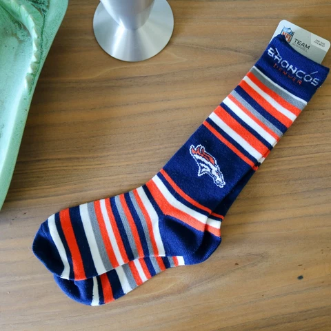 Denver Broncos Football Navy & Orange Repeat Logo Thin Long Socks OSFM Cover