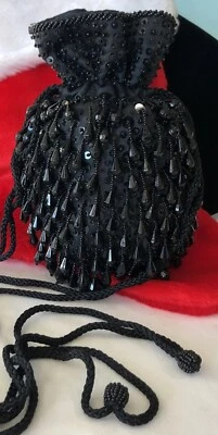 Vtg Designer Purse Evening Black Drop Bead Drawstring Pouch Crossbody Clutch - Image 1 of 4