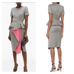 ALEXANDER MCQUEEN dress gray pink size 6 herringbone wool silk peplum SS20 NWT - Picture 1 of 17
