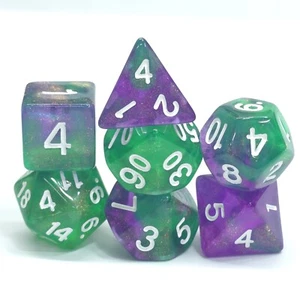 New 7 Piece Polyhedral Portion Aurora Glitter Green Purple  Dice Set W/ Dice Bag - Picture 1 of 3
