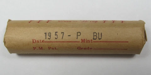 1957 P Lincoln Cents/Wheat Penny BU Roll of 50 Pennies in Old Unopened Wrapper Cover