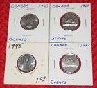Lot de quatre (4) pièces vintage de cinq cents du Canada dates 1945, 1962, 1963, 1964