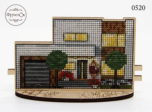 DIY Cross stitch kit on wood "Cottage" 4.7x3.0 in / 12.0x7.5 cm - Picture 1 of 6