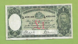 1933 TYPE AUSTRALIAN RIDDLE / SHEEHAN ONE POUND BANKNOTE #L41 433149 - Picture 1 of 2