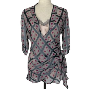 Top Diane Von Furstenberg de seda transparente para mujer talla 2 Coqueta Y2K envolvente Babydoll cami - Imagen 1 de 15