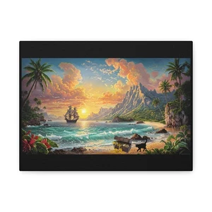 Piraten, Strand, Schatz, tropischer Sonnenuntergang Leinwandbild, maritim 12x9 - Bild 1 von 5