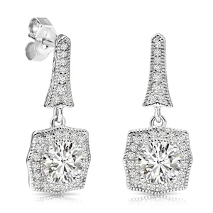 Solid 925 Sterling Silver Cushion Halo CZ Dangle Drop Earrings Push-back Studs - Picture 1 of 7