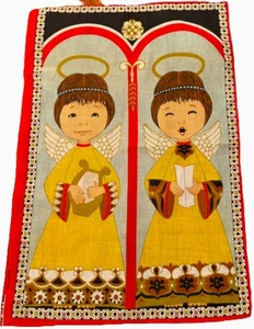 NOS Vtg. Tea Towel Wall Art Two Cherub Angel Red Multi 100% Cotton - Picture 1 of 4