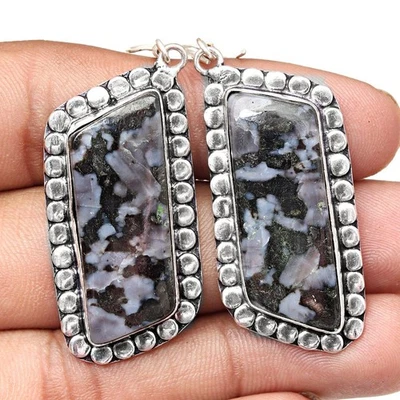 Larvikite Jasper Gemstone Handmade Silver Jewelry Earrings 1.5'' - Image 1 of 4