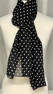 100% Mulberry Silk Scarf Chiffon Polka Dot White on Black 60x190cm - Picture 1 of 5