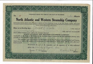 DELAWARE North Atlantic & Western Steamship Company Stock Certificate 1920 #37 - Picture 1 of 2