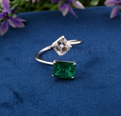 Natürlich Si / H Diamant Sambianischer Smaragd Manschette Ring 14k Echt Weißgold - Bild 1 von 4