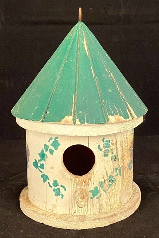 Vintage Wooden Bird House -Round- White/Green Cover