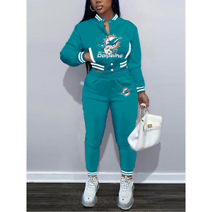 Miami Dolphins Womens 2PCS Outfits Varsity Jacket Crop Tops Sweatpants Tracksuit