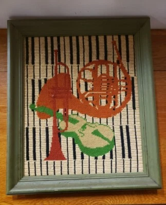 Framed Needlepoint Cross Stitch Musical Instruments French Horn Guitar Trumpet - Image 1 of 4