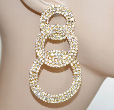 Orecchini donna dorati oro cerchi pendenti lunghi grandi strass cristalli UN26 - Immagine 1 di 2