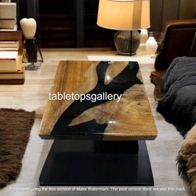30" Square Black Epoxy Resin Coffee Table Luxury Kitchen Balcony Furniture Decor - Image 1 of 4