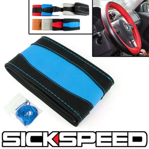 BLACK/BLUE LEATHER STEERING WHEEL COVER GRIP ANTI SLIP FOR 14" 15" CAR P1 - Picture 1 of 1