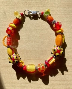 Lampwork Art Glass Double Strand Beaded Bracelet Yellow Orange Red 925 Clasp - Picture 1 of 14