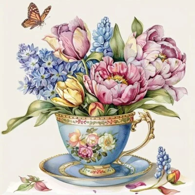 LINDAS FLORES-COPO DE CHÁ-BORBOLETA-Contado Ponto Cruz KIT-ÓTIMO PRESENTE - Imagem 1 de 3