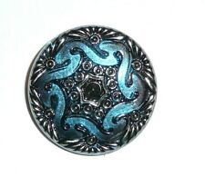 Lovely Blue Czech Hand Painted Antiqued Silver Lacy Glass Shank Button 1-1/16"