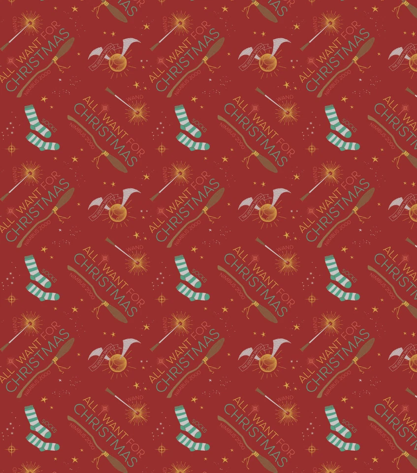 CAMELOT Harry Potter Christmas Fabric 112cm wide 100% Cotton My Wish List Red
